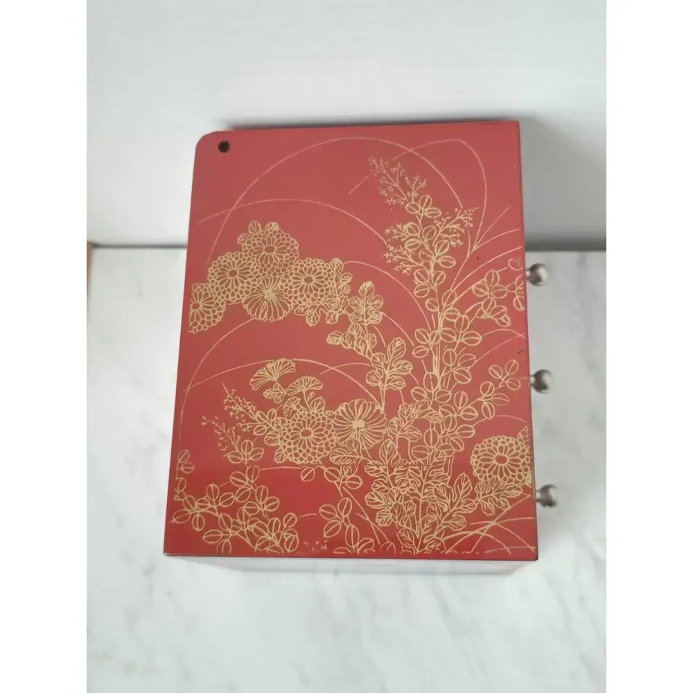 Vintage Red Lacquer 3-Drawer Jewelly Box With Floral Chiyogami Pattern